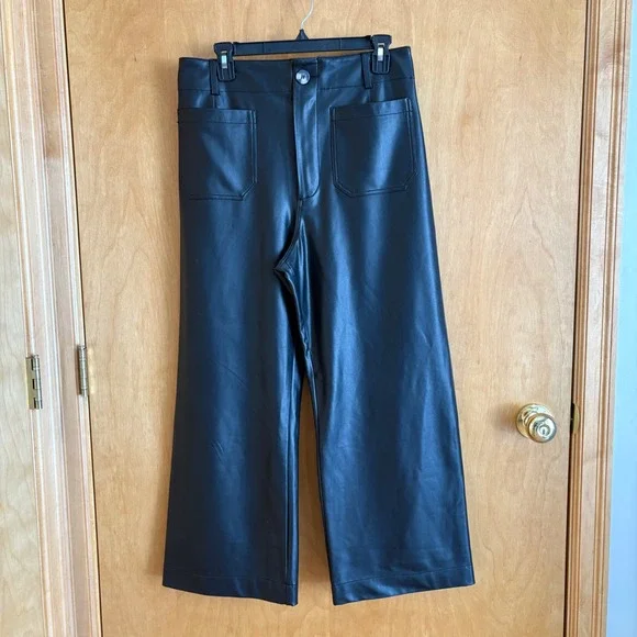 Maeve Anthropologie Colette Faux Leather Pants 30 Black Wide Leg High Rise - Picture 2 of 11